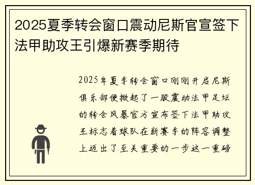 2025夏季转会窗口震动尼斯官宣签下法甲助攻王引爆新赛季期待 2025夏季转会窗口震动尼斯官宣签下法甲助攻王引爆新赛季期待